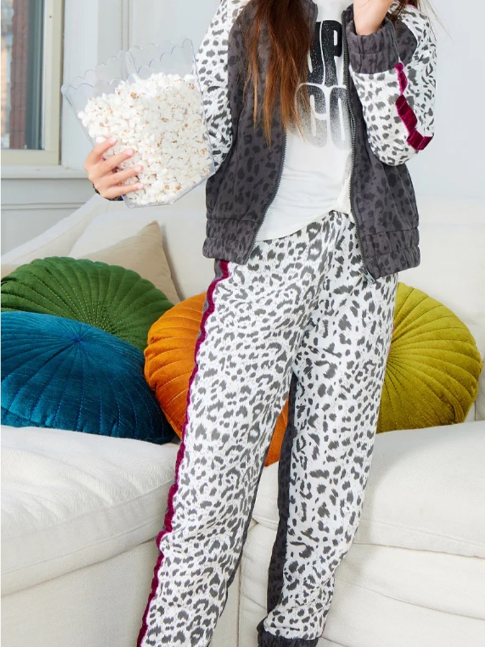 kidpik White and Gray Leopard Print Two-Piece Set with Dark Pink Stripe